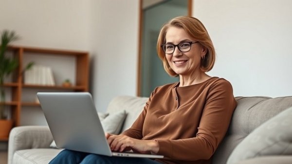 Professional woman using laptop in relaxed setting, rental property oversight services.