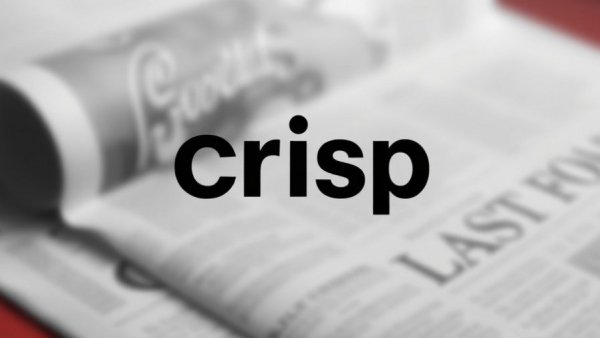 Crisp modern logo over blurred newspaper background
