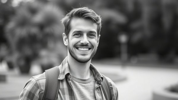 Friendly man smiling outdoors, rental property oversight services concept.