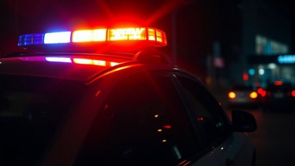 Police car lights glowing in dark urban night.
