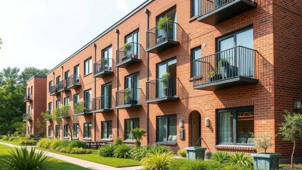 Modern brick apartment building with balconies and landscaping, showcasing workforce housing in White Oak.