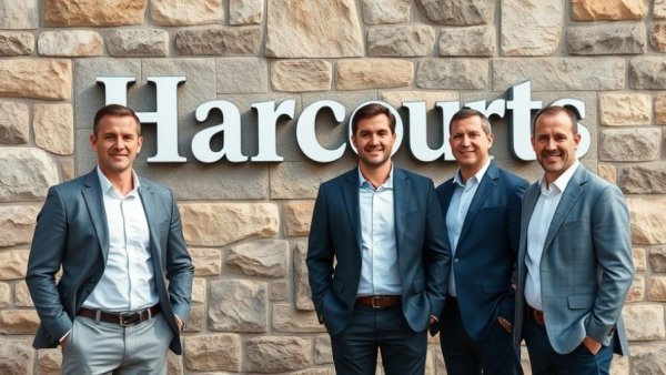 Eric Seetoo joins Harcourts Property Centre, group of businessmen in front of stone wall.