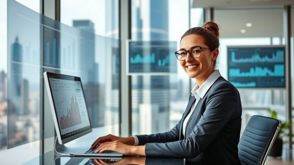 Professional using real estate operations software with virtual dashboards.