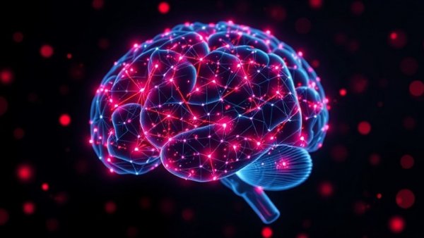 Futuristic digital brain with red dots representing AI trends