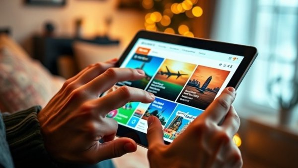 Person exploring travel site on touchpad, vibrant interface, TikTok advertising strategy.