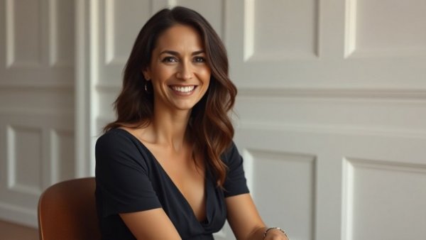 Confident woman smiling in a minimalist setting.