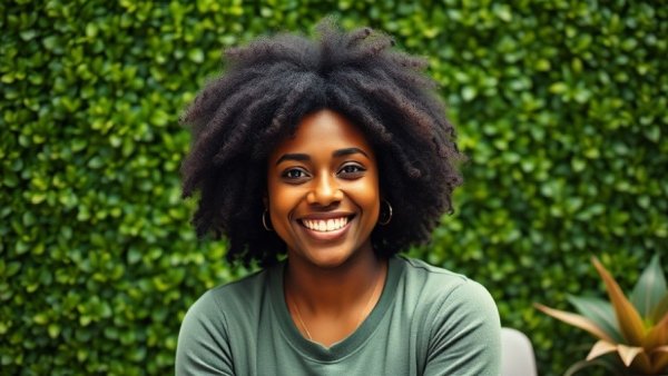 Smiling woman with green backdrop, community theme.