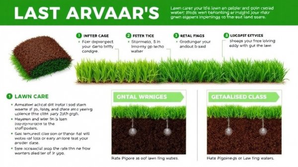 Infographic on lawn care for sod and grass, with watering tips.