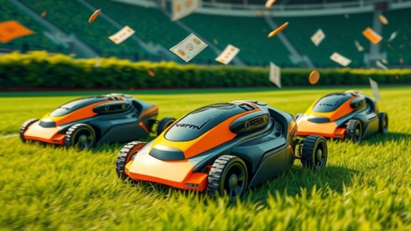Robotic mowers on a vibrant green field with floating coupons, best Prime Day deals Segway Navimow.