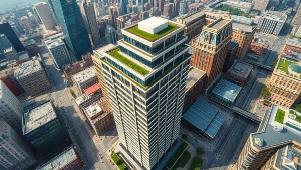 Aerial view of cityscape highlighting modern architecture and green spaces.