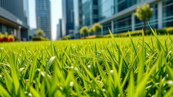 Eco-friendly lawn care solutions in Muskegon, showcasing a vibrant green lawn surrounded by modern architecture.