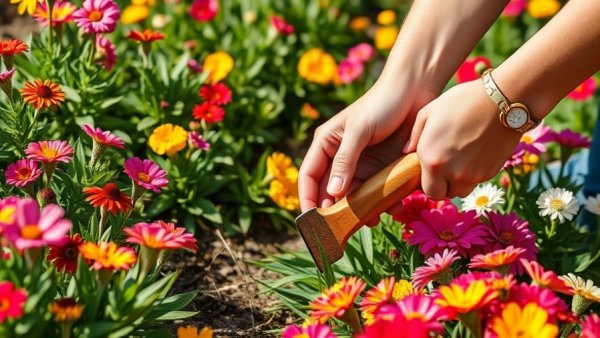 Person weeding colorful flower bed in garden, Flower Bed Weeding Cost 2026.