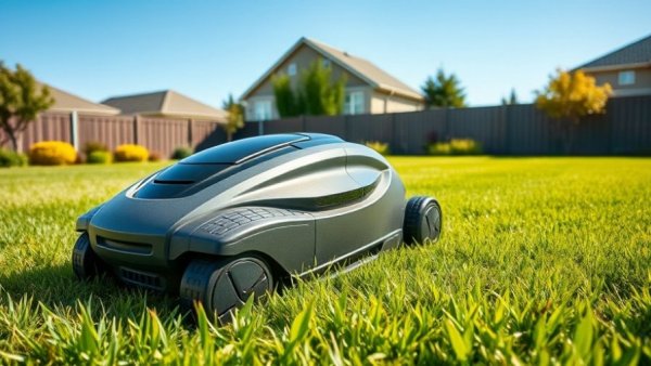 AI-powered robotic lawn mower elegantly tending to lush green lawn.