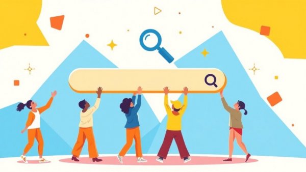 Stylized search bar with diverse figures, SEO plan for small businesses.