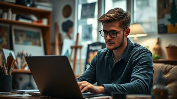 Creative young man promoting internet-based service in art-filled room