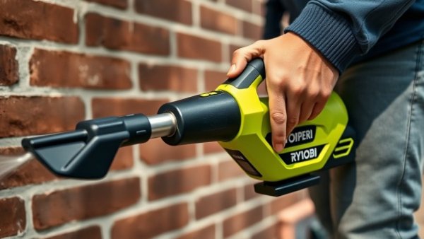 Person using new Ryobi power cleaner outdoors on a brick wall