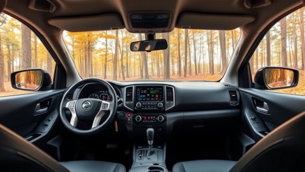2027 Nissan Frontier interior highlighting features with forest view.