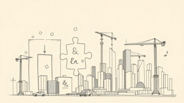 Conceptual sketch of M&A activity in commercial real estate with building construction and puzzle pieces.