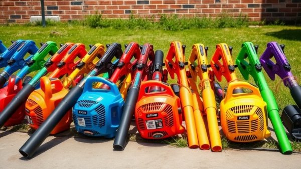 Colorful array of powerful battery-powered blowers outdoors.