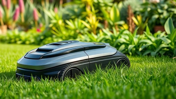 Efficient robotic lawn mower cutting grass near garden plants