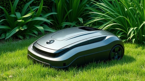 Robotic lawn mower in Muskegon cutting grass near plants.