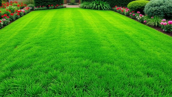 Lush green lawn with flower beds, showcasing lawn fertilization and weed control services.