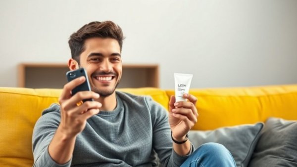 Young man showcasing skincare product, UGC content creator skills