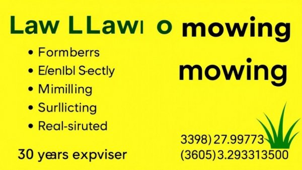 Yellow advertisement for lawn care services with details and contact info.
