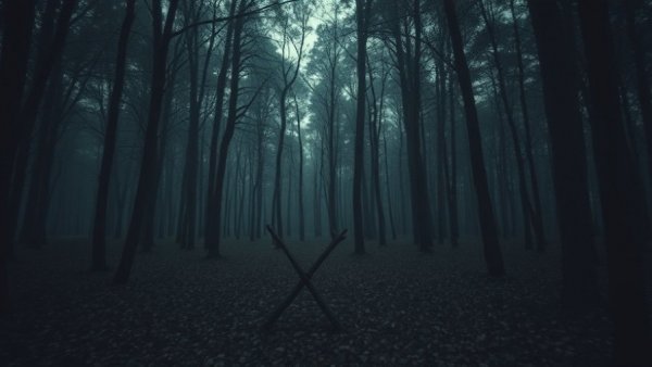 Spooky forest with crossed sticks forming a symbol.