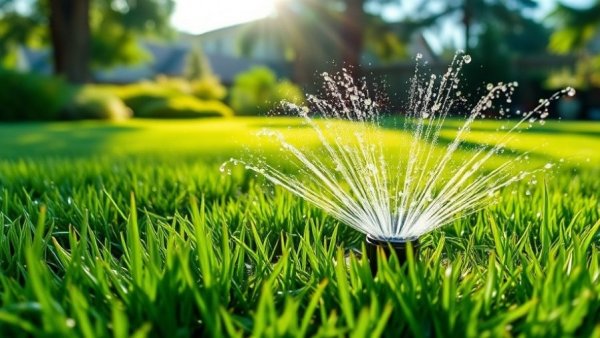 Sprinkler watering lawn at sunrise, discussing best time to water your lawn in hot weather.