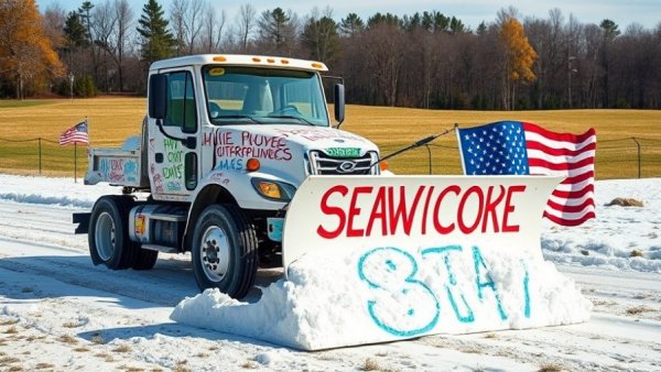 Decorated snow plow with American flag mural for snow removal services in Muskegon.
