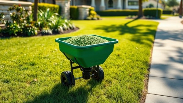 Lawn fertilizer spreader on grass for weed control in Muskegon.