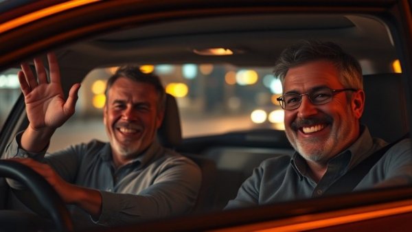 Two men smiling in a dimly lit car, one waving.