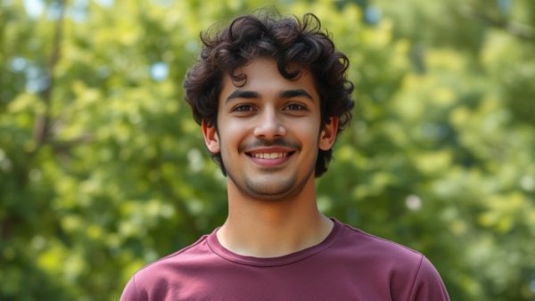 Young man outdoors, smiling slightly amid greenery.