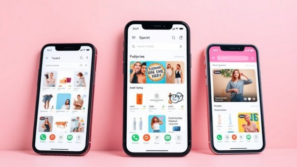 Smartphones displaying ecommerce app interfaces on gradient background