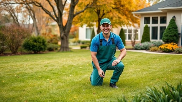 Lawn care workers in a vibrant yard performing seasonal tasks