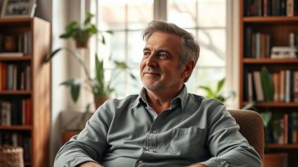 Middle-aged man sitting thoughtfully in a cozy room with plants.