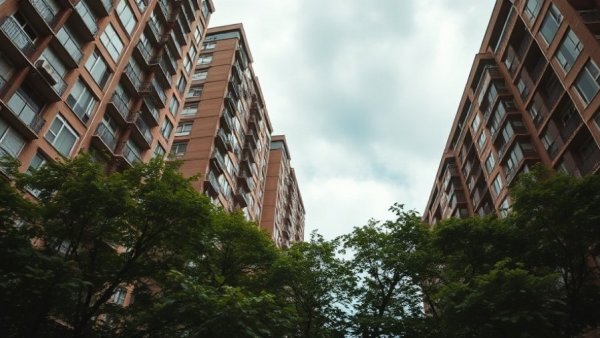 Urban apartment towers in overcast sky, property management solutions for community engagement