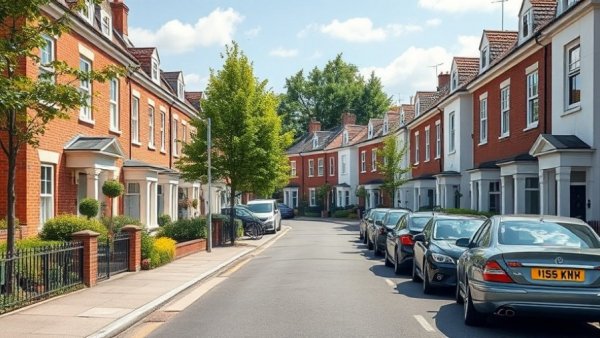 Modern UK residential street with luxury homes and cars.