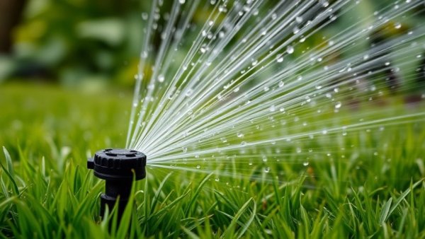 Close-up of a sprinkler watering a lawn, illustrating best time to water your lawn.