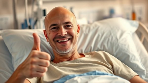Bald man smiling in hospital bed, thumbs up, medical setting.