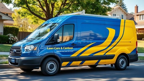 Lawn care services Shelby MI van with vibrant advertisement parked in neighborhood