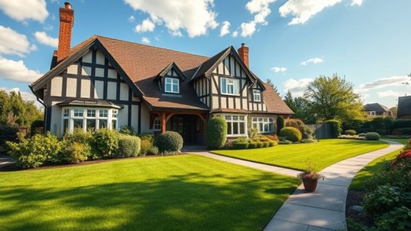 Well-maintained lawn in front of a Tudor-style house during a heatwave