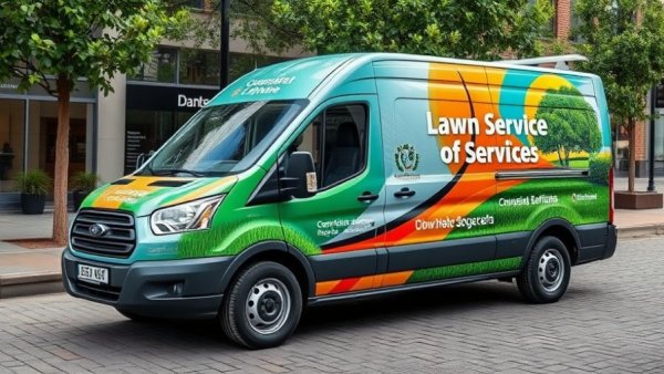 Vibrant landscape service van advertising lawn care in Muskegon.