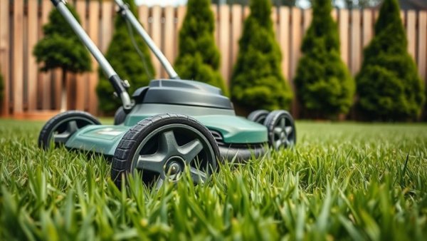 Lawnmower on green grass with fence; Can I Mow and Fertilize on the Same Day?