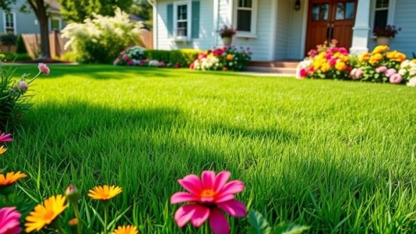 Vibrant lawn with colorful flower beds demonstrating seasonal lawn treatments.