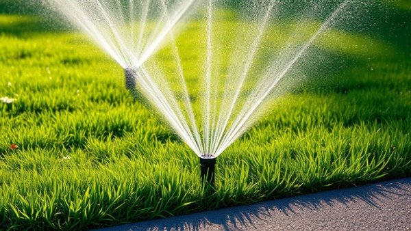 Sprinklers watering lawn near asphalt path in Shelby MI.