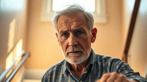 Older man walking down stairs during elevator outage in rental property.