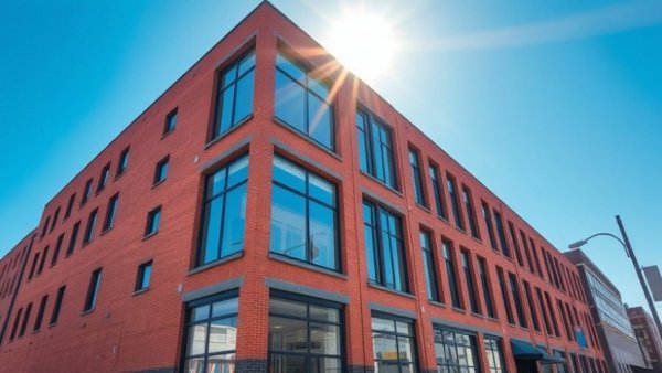 Contemporary brick building under blue sky, urban property management scene
