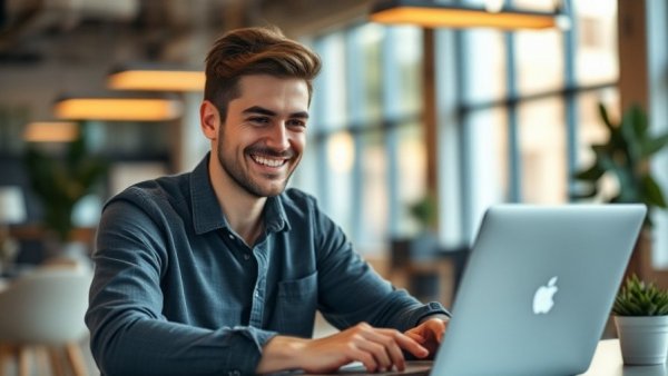 AI in property management: Young man smiling at laptop in modern office.